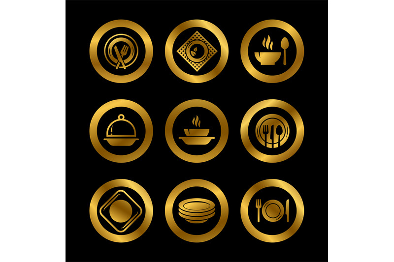 kitchen-plates-and-cutlery-golden-silhouette-icons-restaurant-vector