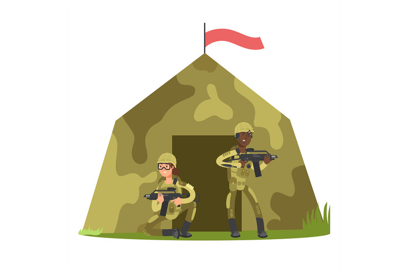 cartoon-character-soldier-and-military-tent-vector-illustration