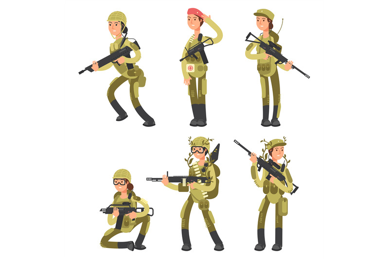 cartoon-characters-female-soldiers-in-various-actions-vector-set