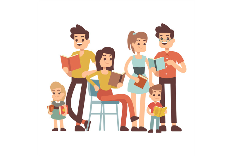 cartoon-character-kids-and-adults-with-books-isolated-on-white-backgro