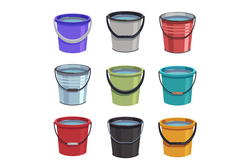 cartoon-buckets-water-pails-metal-and-plastic-bucket-isolated-vecto