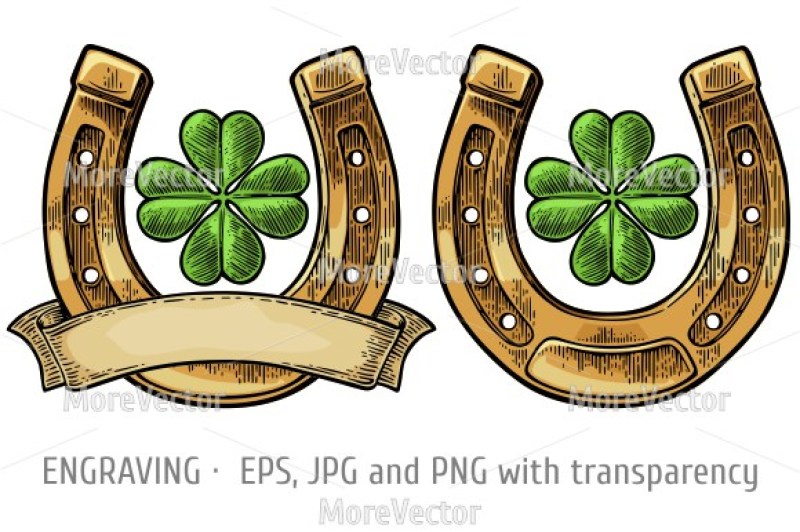 Four Leaf Clover Horseshoe Ribbon With Text Good Luck By Morevector Thehungryjpeg Com