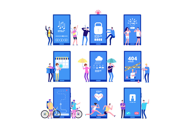 phone-app-concept-men-and-women-standing-near-big-cell-phones-with-mo