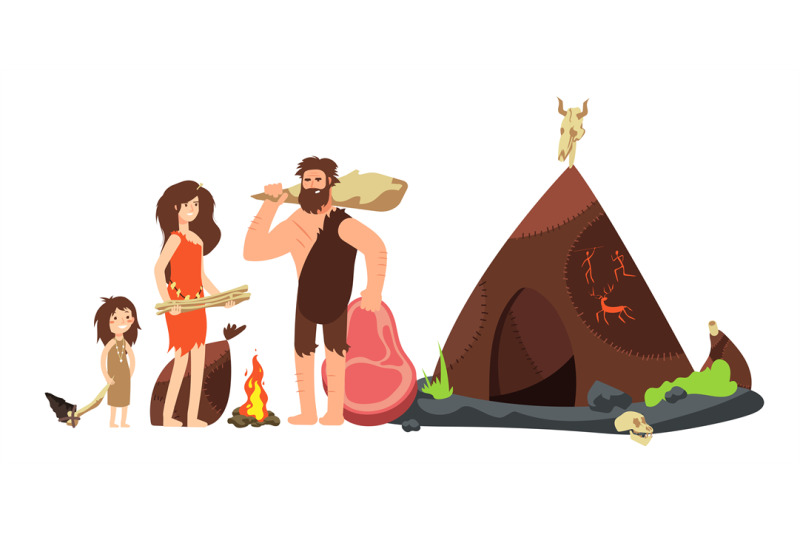 cartoon-caveman-family-prehistoric-neanderthal-hunters-and-kids-anci