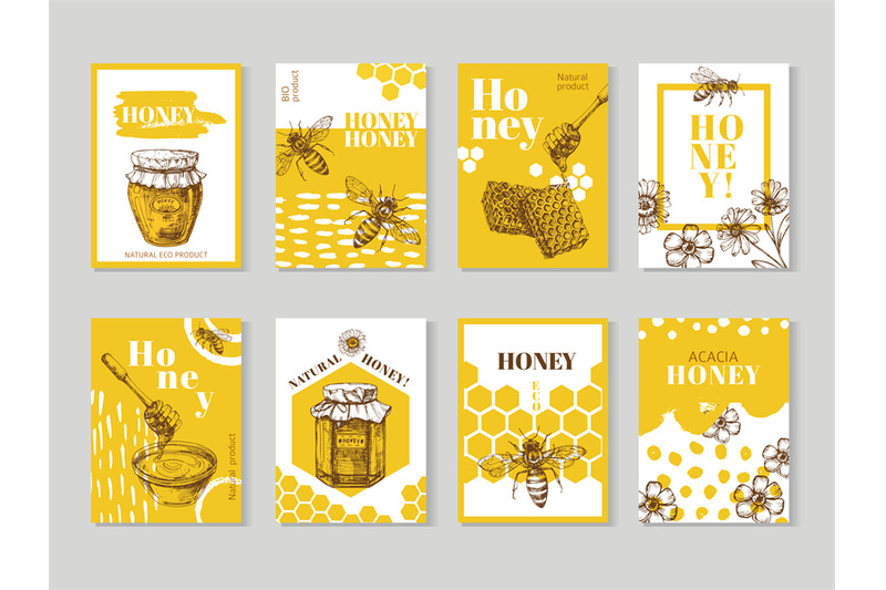 hand-drawn-honey-posters-natural-honey-packaging-with-bee-honeycomb