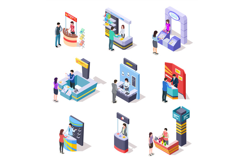 isometric-expo-stands-exhibition-demonstration-stand-and-trade-stalls