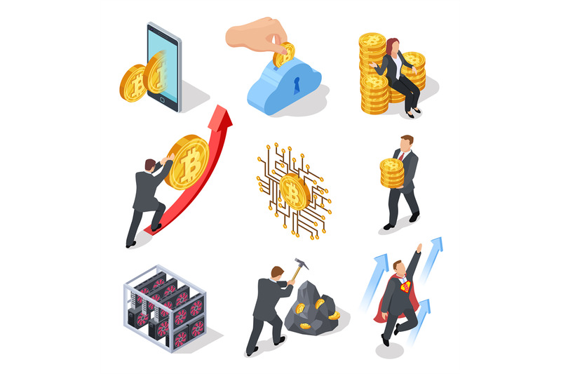 ico-and-blockchain-isometric-icons-bitcoin-mining-and-cryptocurrency