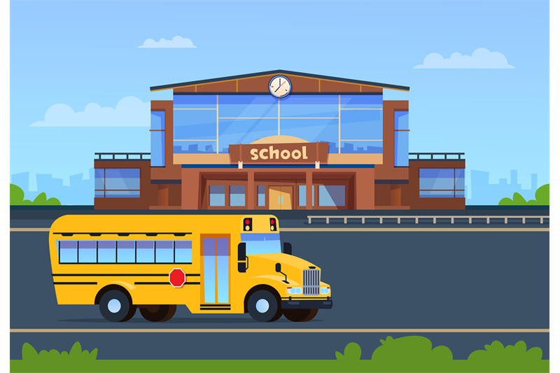 school-building-college-exterior-with-yellow-bus-education-backgroun
