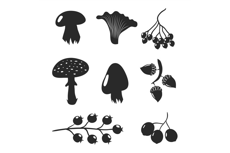 mushrooms-and-berries-black-silhouettes-isolated-on-white-background
