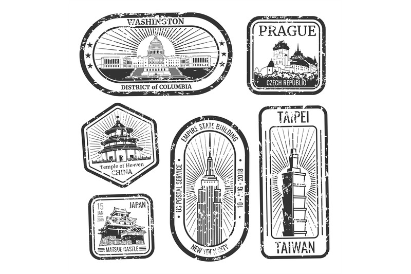 black-and-white-vintage-travel-stamps-with-major-monuments-and-landmar