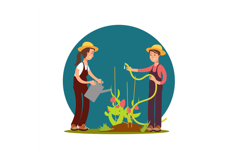 cartoon-character-farm-girls-watered-flowers-vector-illustration