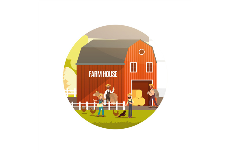 cartoon-farm-with-farmers-farm-animals-and-equipment-vector-illustrat