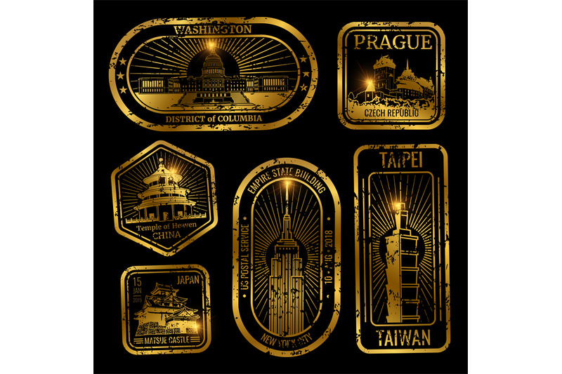 gold-vintage-travel-stamps-with-monuments-and-landmarks