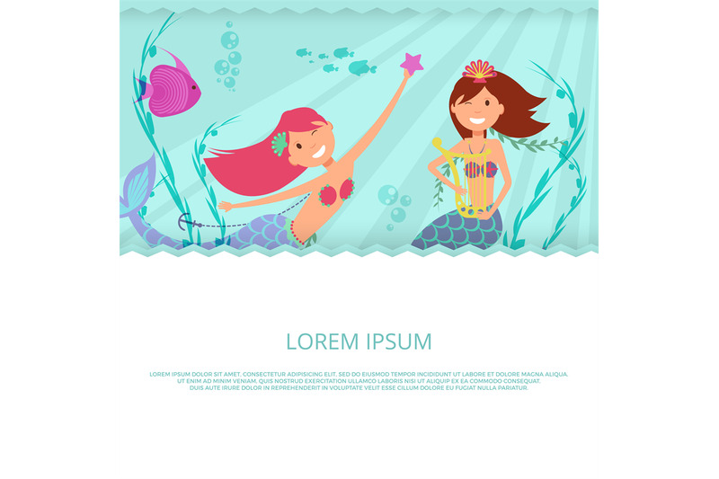 happy-mermaid-and-underwater-life-vector-banner-template