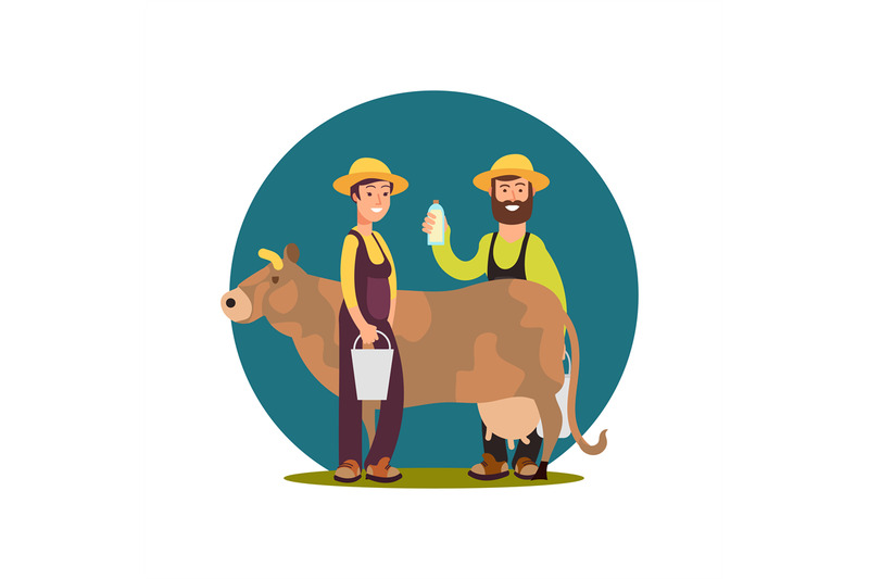 organic-farm-milk-products-cartoon-character-happy-farmers-with-cow-v