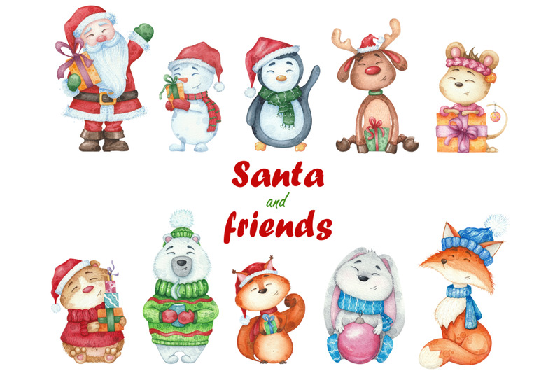 watercolor-christmas-set-characters-clipart-illustrations-santa-claus
