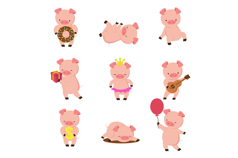 kawaii-pigs-funny-baby-pig-in-mud-piggy-eating-and-running-cartoon