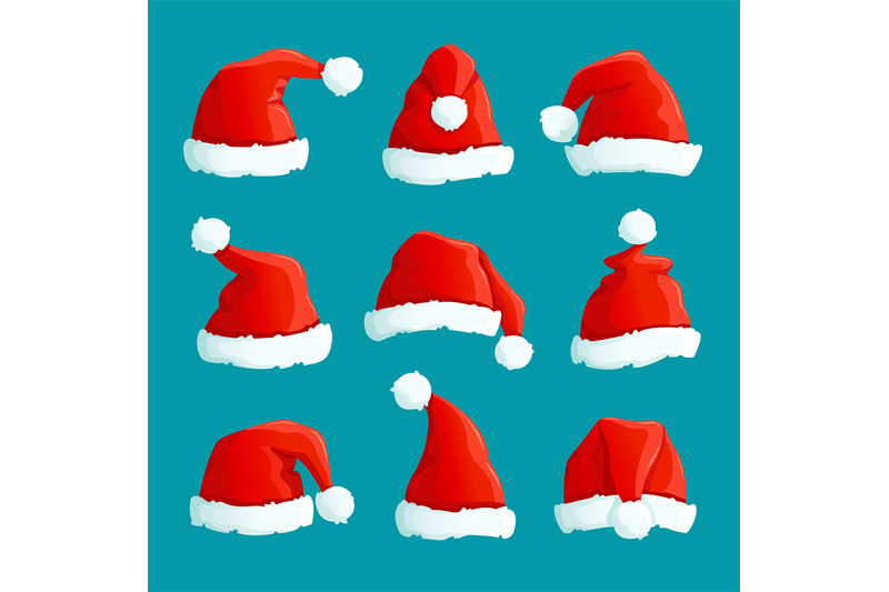 santa-red-hats-christmas-funny-caps-santa-clothes-warm-hat-isolated