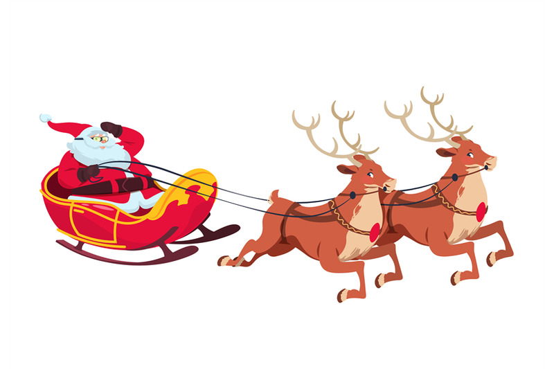 Santa on sleigh with reindeers. Christmas cartoon characters for greet