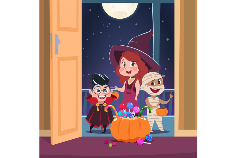 halloween-trick-or-treat-background-kids-in-halloween-costumes-with-c
