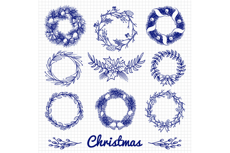 ballpoint-pen-drawing-christmas-doodle-wreath-and-decorative-branches