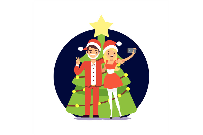 cartoon-character-couple-in-santa-clothers-taking-selfie-christmas-pa