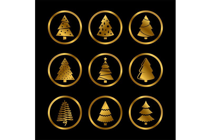 gold-silhouette-christmas-trees-vector-icons-on-black-background