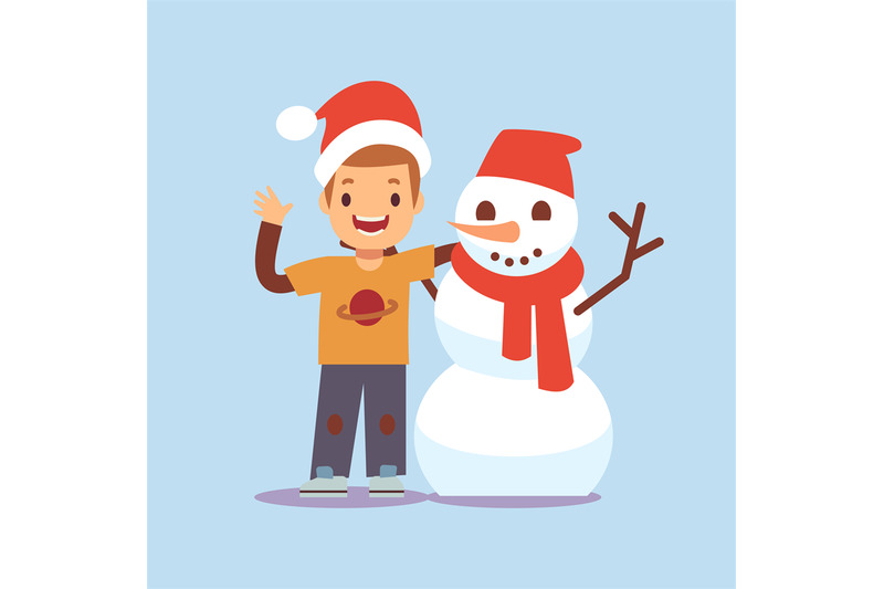 happy-boy-and-snowman-christmas-party-cartoon-characters-vector-illus