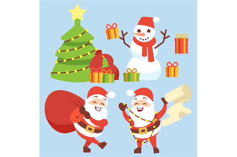 happy-santa-claus-flat-character-with-gift-bag-snowman-christmas-tre