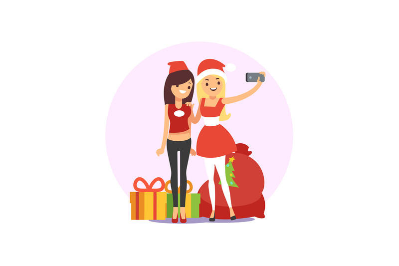 happy-smiling-young-women-friends-taking-selfie-photo-on-christmas-par