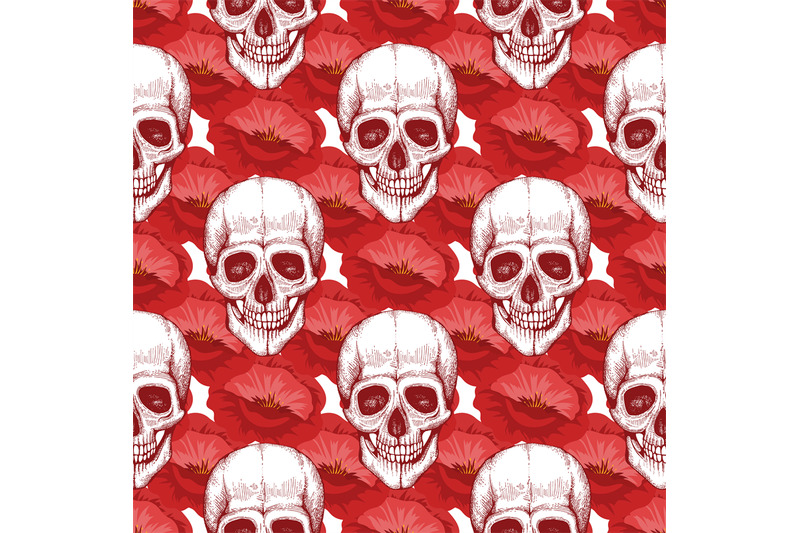 human-skull-sketch-and-red-flowers-seamless-pattern