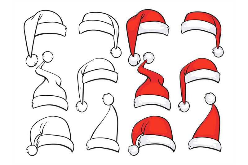 santa-red-hats-with-white-fur-sketch-set