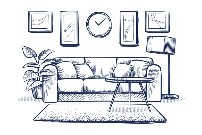 sketch-interior-doodle-living-room-with-sofa-cushions-and-picture-fr