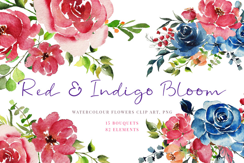watercolour-clipart-red-indigo-flowers-greenery