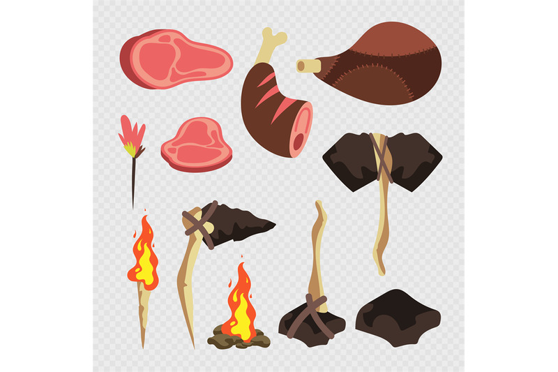 cartoon-neolithic-set-tools-and-weapons-isolated