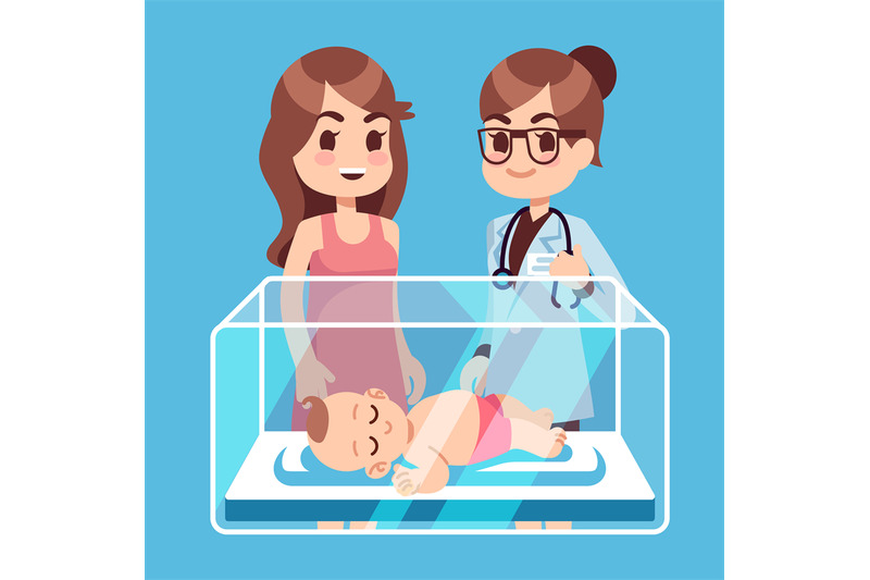 pediatrician-doctor-mother-with-little-newborn-baby-inside-incubator