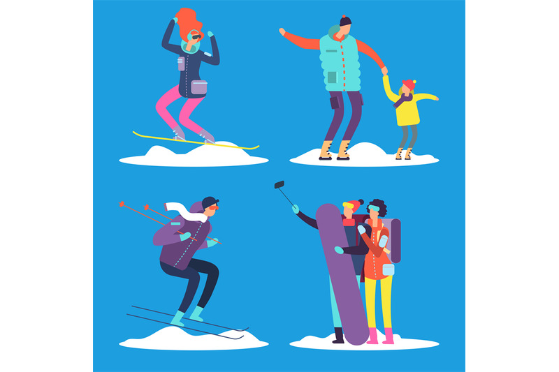 people-adult-and-kids-snowboarding-and-skiing-outdoor-vector-illustr