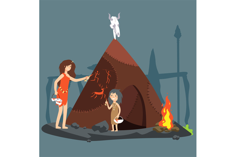 stone-age-vector-illustration-cartoon-neolithic-woman-and-girl