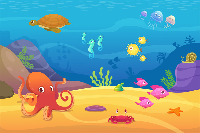 Underwater life. Aquarium cartoon fish ocean and sea animals vector ba
