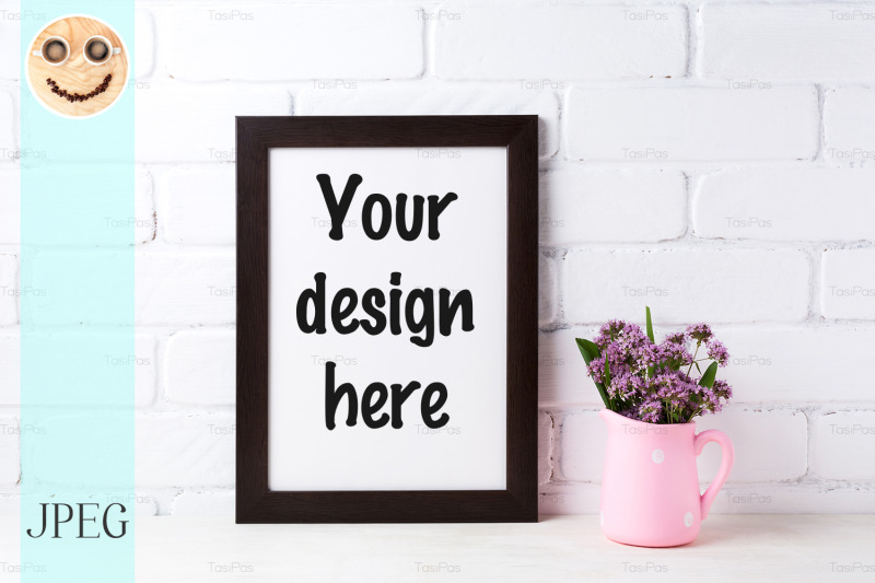 black-brown-frame-mockup-with-purple-flowers-in-polka-dot-pink-pitche