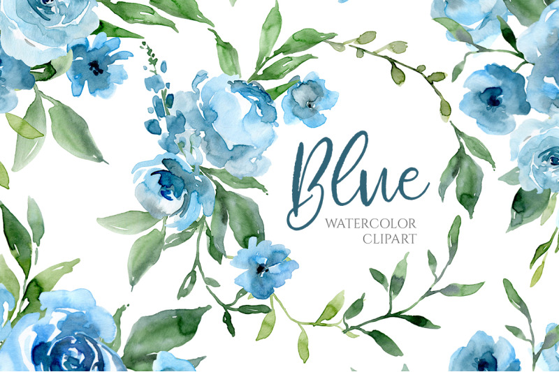 blue-watercolor-flowers-and-green-leaves