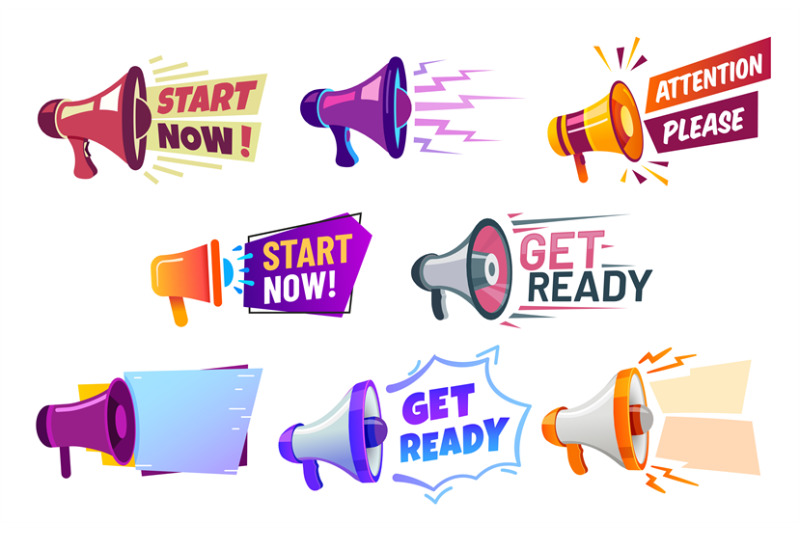 advertising-banners-with-megaphone-get-ready-badge-speaker-attention