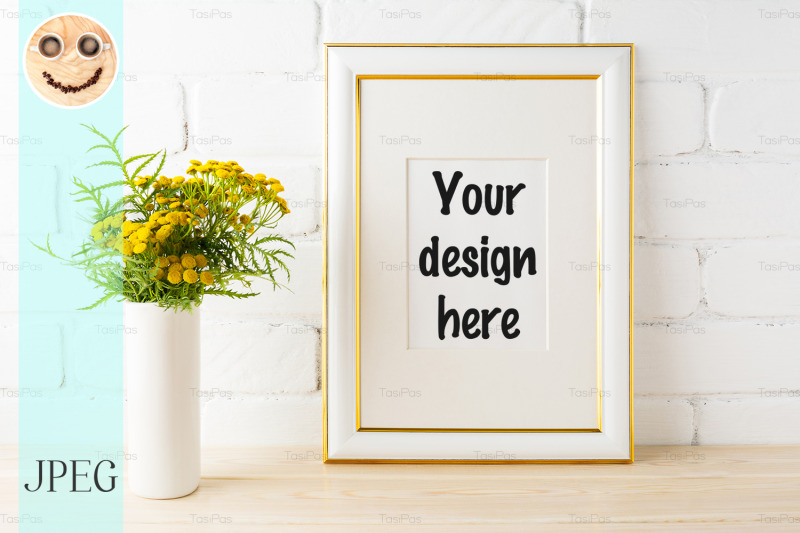 gold-decorated-frame-mockup-yellow-flowers-near-brick-walls