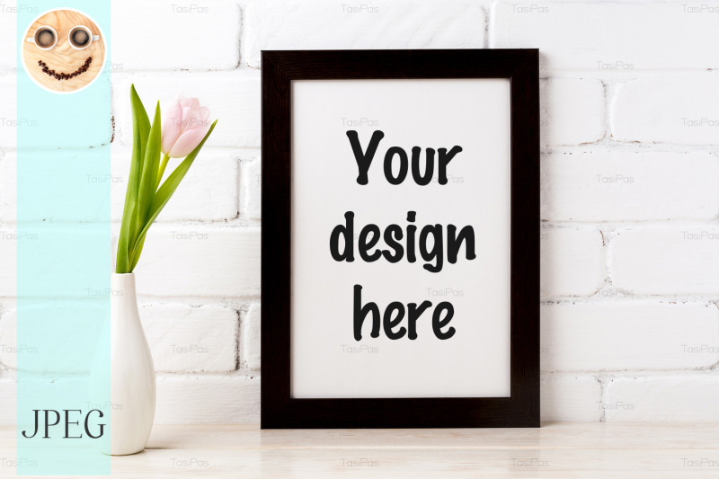 black-brown-frame-mockup-with-soft-pink-tulip-in-vase