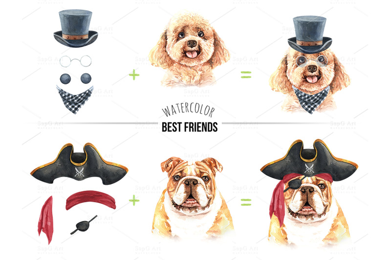 dogs-and-accessories-watercolor-clipart-pets-clip-arts-seta
