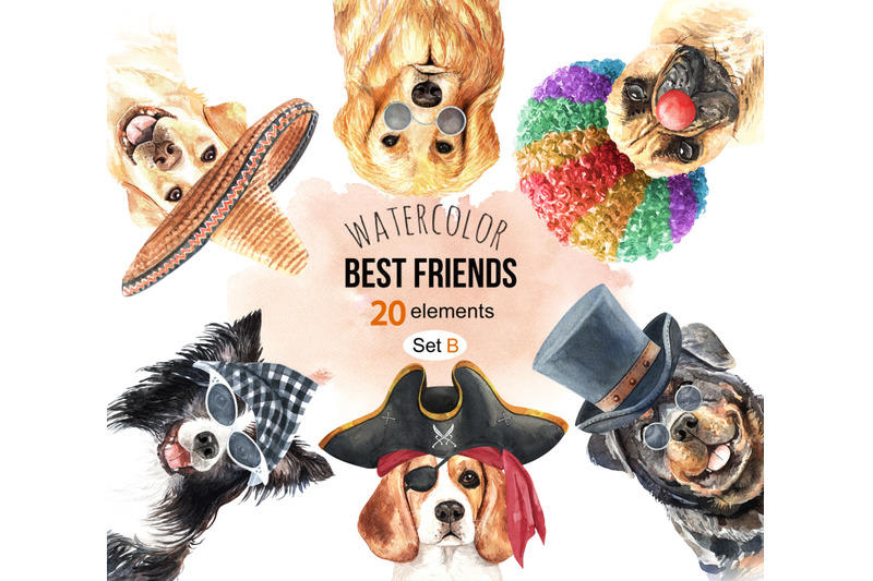 dogs-and-accessories-watercolor-clipart-pets-clip-arts-setb
