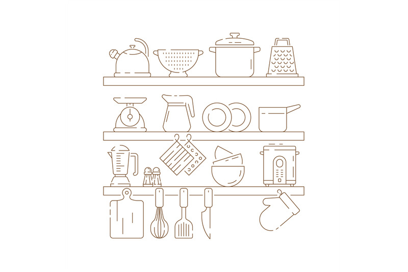 kitchen-shelves-cooking-items-pots-spoon-fork-knife-pans-vector-thin