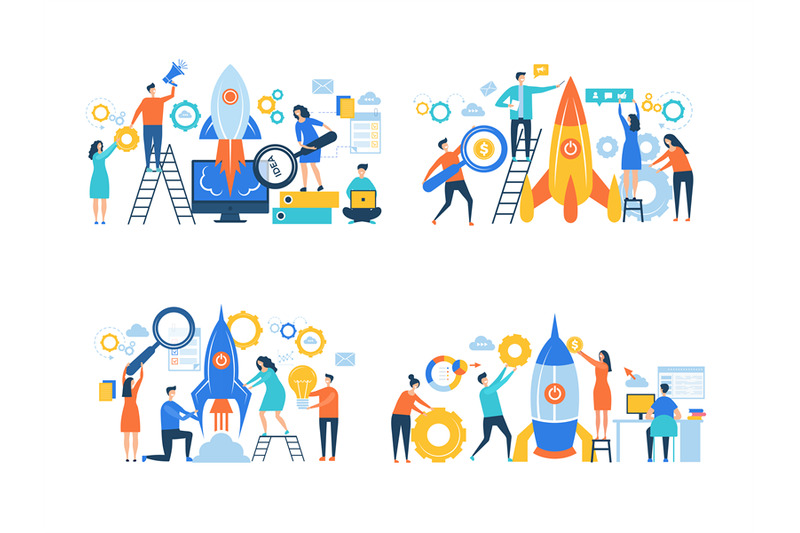 startup-business-characters-rocket-launch-success-people-making-work