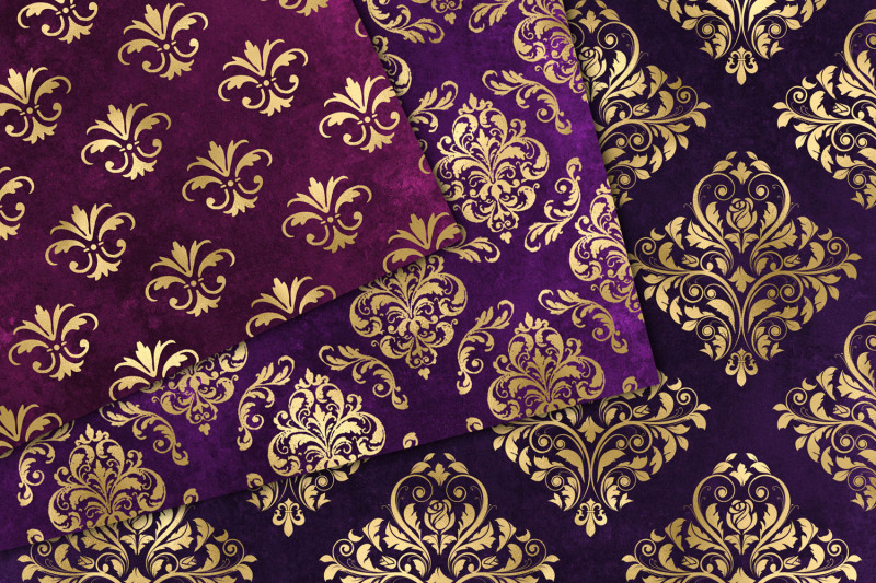 purple-and-gold-damask-digital-paper