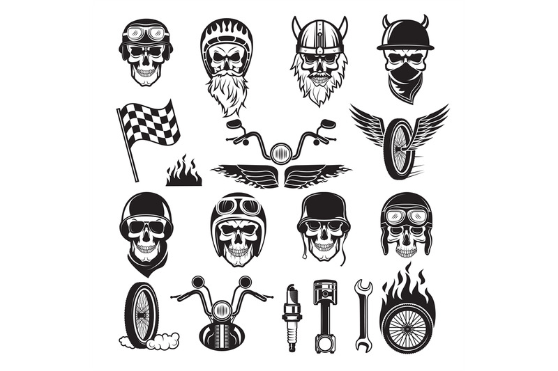 biker-symbols-skull-bike-flags-wheel-fire-bones-engine-motorcycle-vec